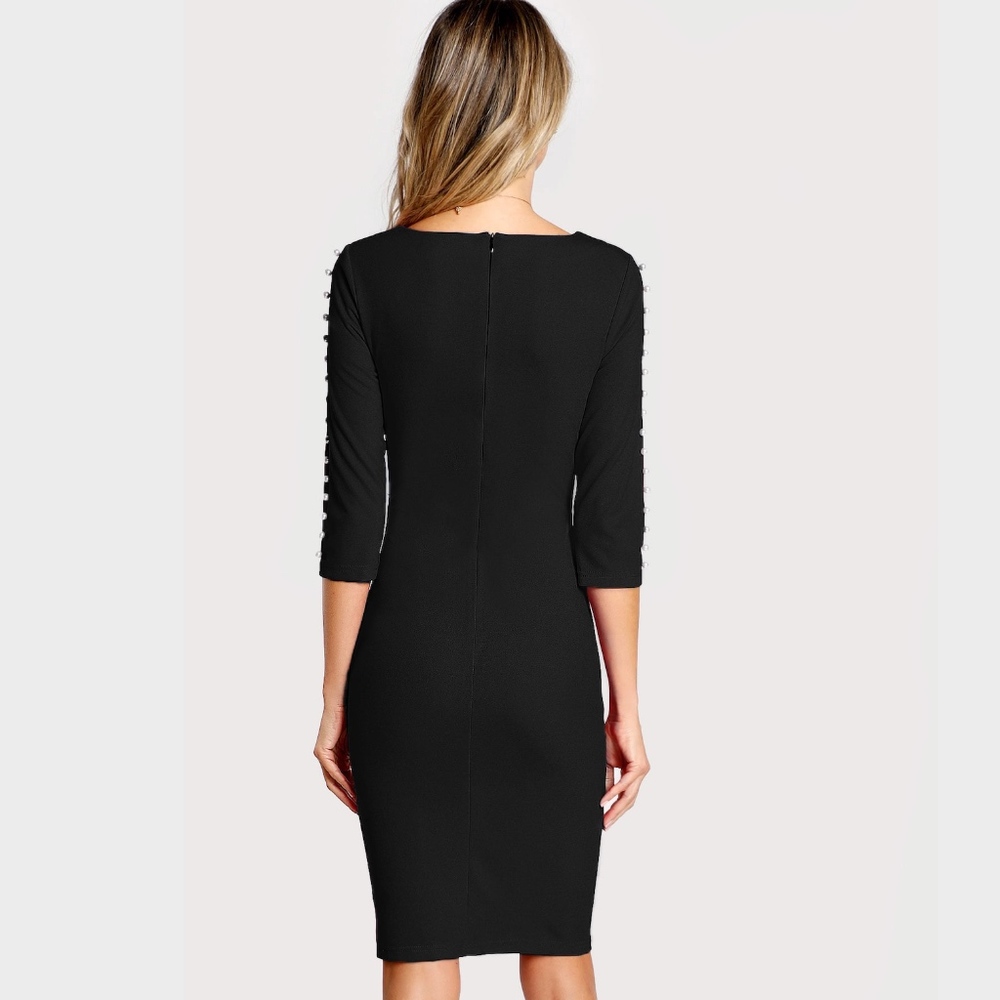 Pearl Beaded Sleeve Form Fitting Black Dress - Picture 4 of 8